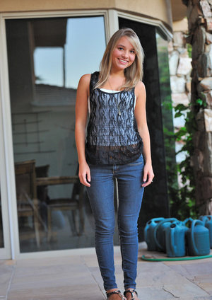 18 year old beauty Kaci Starr stripping off satin bra and panty set